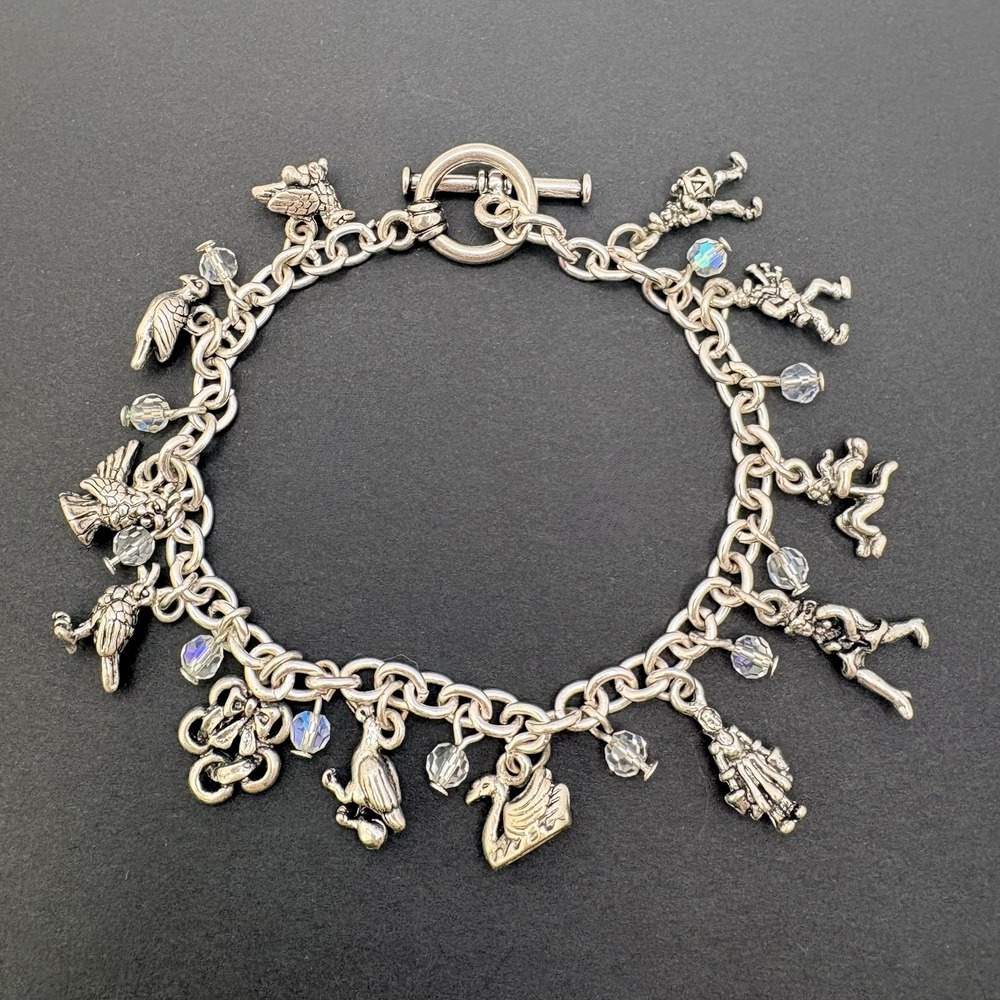 Vintage Twelve Days of Christmas Charm Bracelet Iridescent‎ Beaded Silver Tone